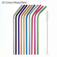 Load image into Gallery viewer, 10Pcs Reusable Drinking Straw Metal Straws 304 Stainless Steel Straws Set with Brush Bar Cocktail Straw for Glasses Drinkware