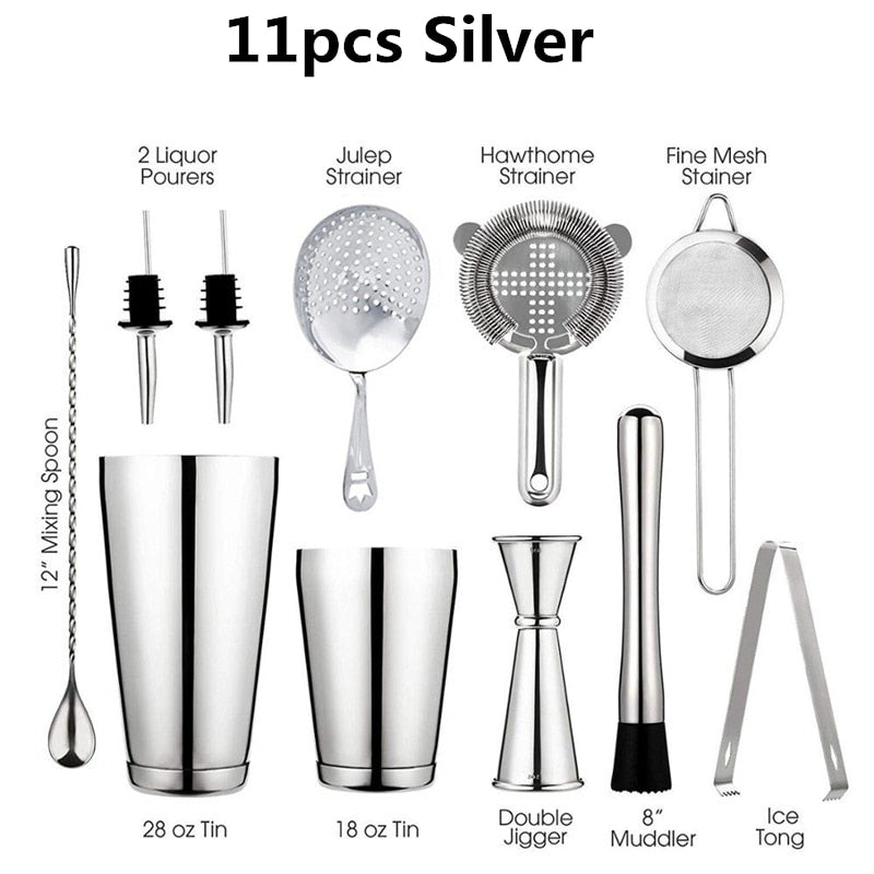 Cocktail Shaker Bar Set: 2 Weighted Boston Shakers,Cocktail Strainer Set,Jigger,Muddler and Spoon, Ice Tong and 2 Bottle Pourer