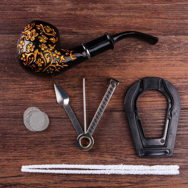Black Carved Resin Bakelite Smoking Pipe Set Retro Tobacco Pipe With Filter Send Pipe Tools Accessories CF292
