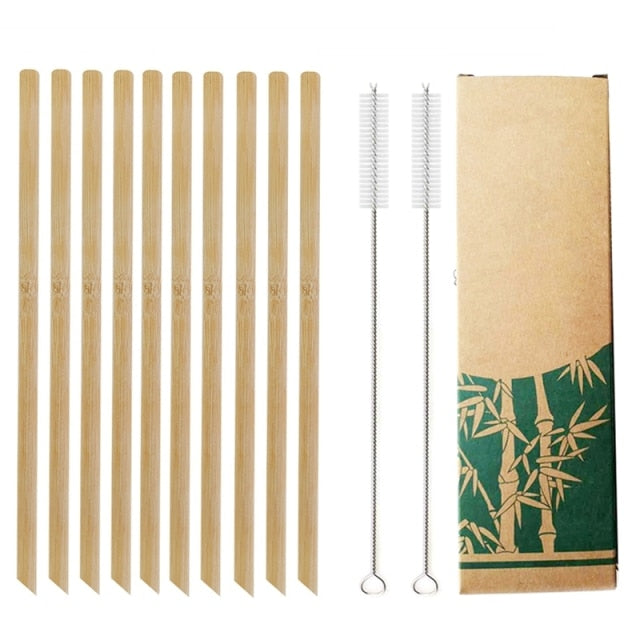 10Pcs Natural Bamboo Straw 20cm Reusable Drinking Straws with Cleaning Brush Eco-friendly Bamboo Cocktail Straws Bar Accessory